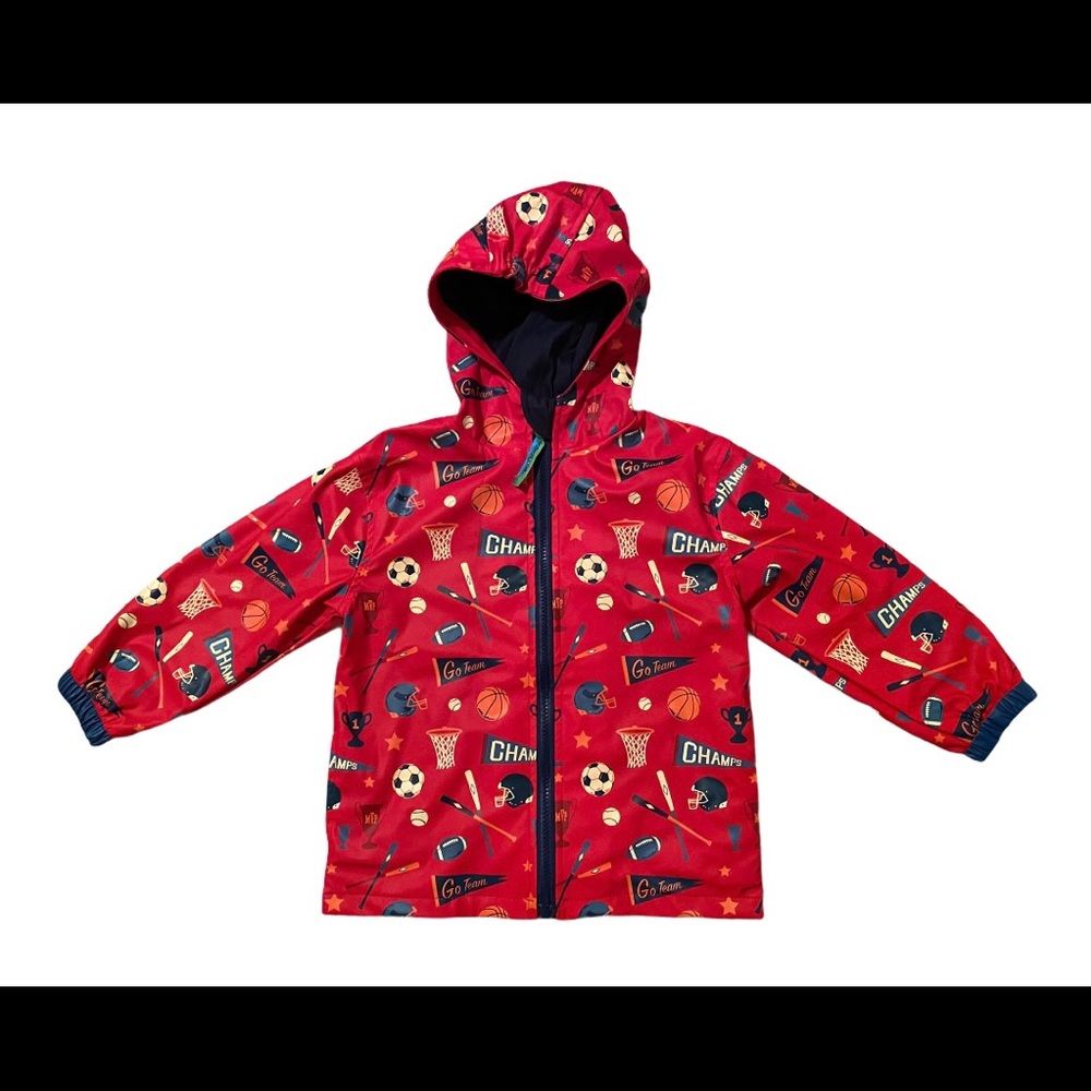 Boys Red Sports-Themed 🏀⚽️⚾️ Rain🌧 Coat size 4T